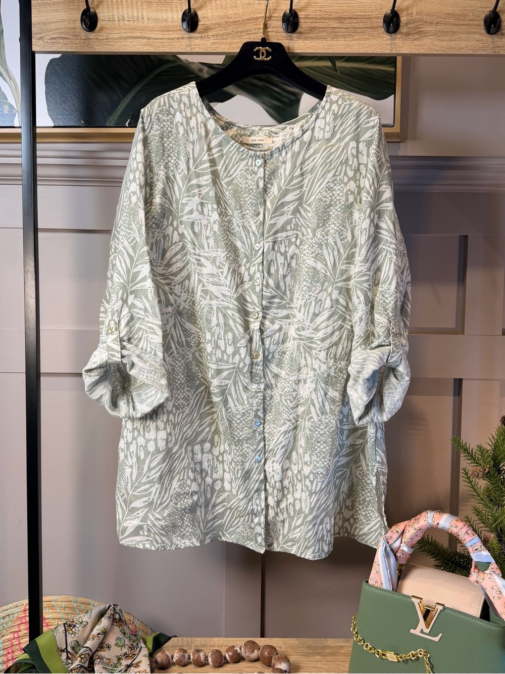 Christian Siriano Womens XL Green White Linen Tunic Top Leaves Roll Tab Sleeve